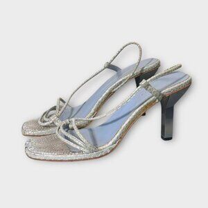 2000s Heels Metallic Gray Suede 37 6.5 Strappy Square Heel Vintage Y2K Party